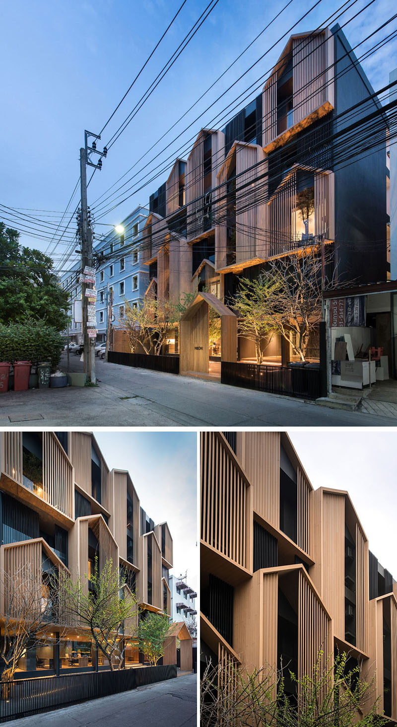 Modular gabled sections made from wood cover the facade of this modern apartment building in Bangkok, Thailand. #Architecture #Facade #ModernBuilding