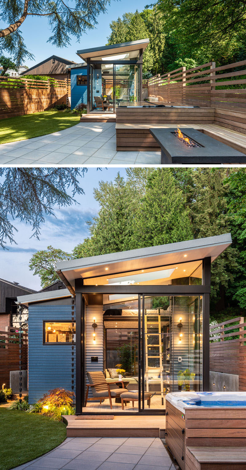 Architecture and design studio Board & Vellum, have created a backyard reading retreat that's surrounded by outdoor seating, a firepit, a hot tub, and a new backyard shed. #BackyardStudio #BackyardRetreat #Architecture