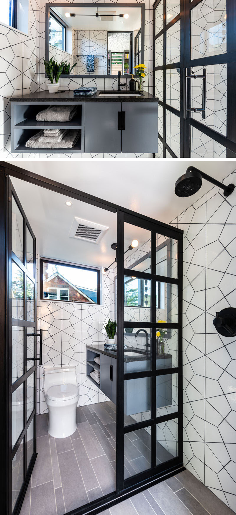 In this small and modern bathroom, white geometric tiles with black grout cover the walls, while a black framed glass screen partitions the shower off from the rest of the bathroom. #Bathroom #BlackAndWhite #ModernBathroom