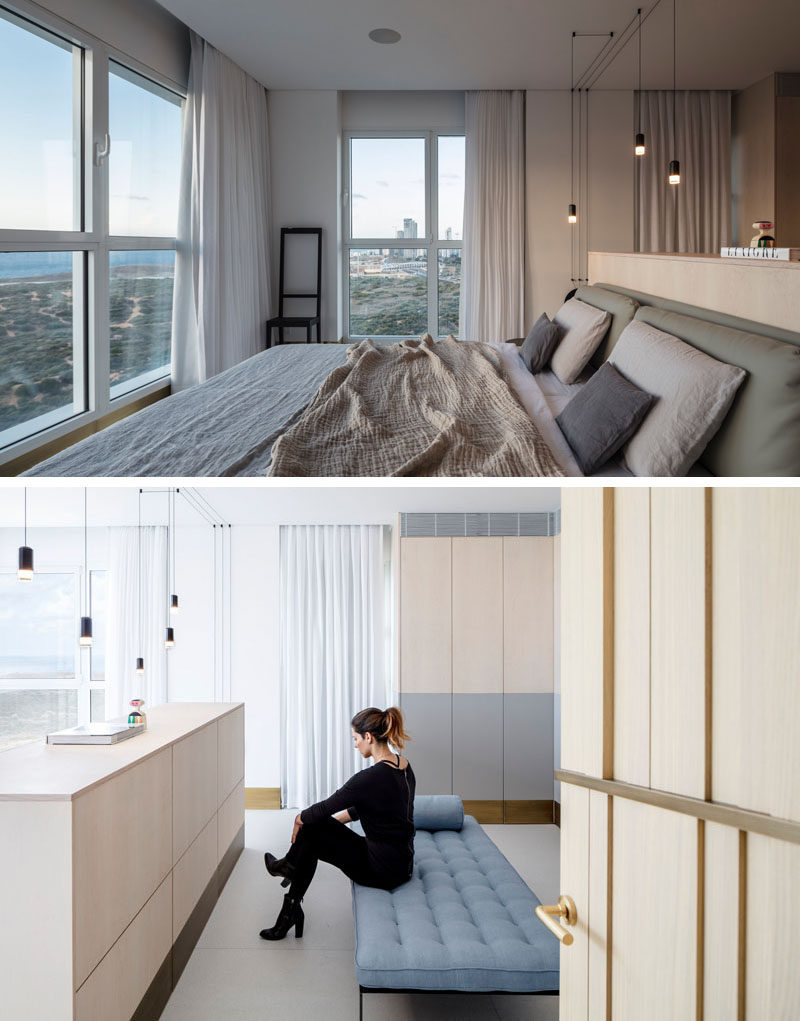 In this modern bedroom, the headboard of the bed sits against a dresser which is accessed from the other side. #ModernBedroom #BedroomDesign