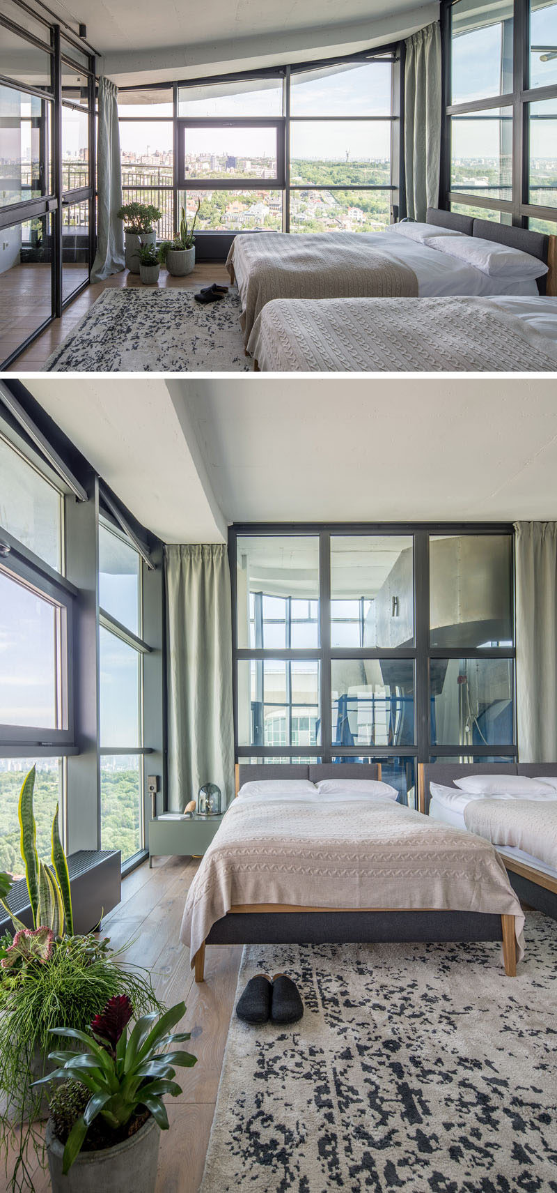 The guest bedroom of this industrial modern penthouse apartment features walls of steel framed glass. #Bedroom #Windows