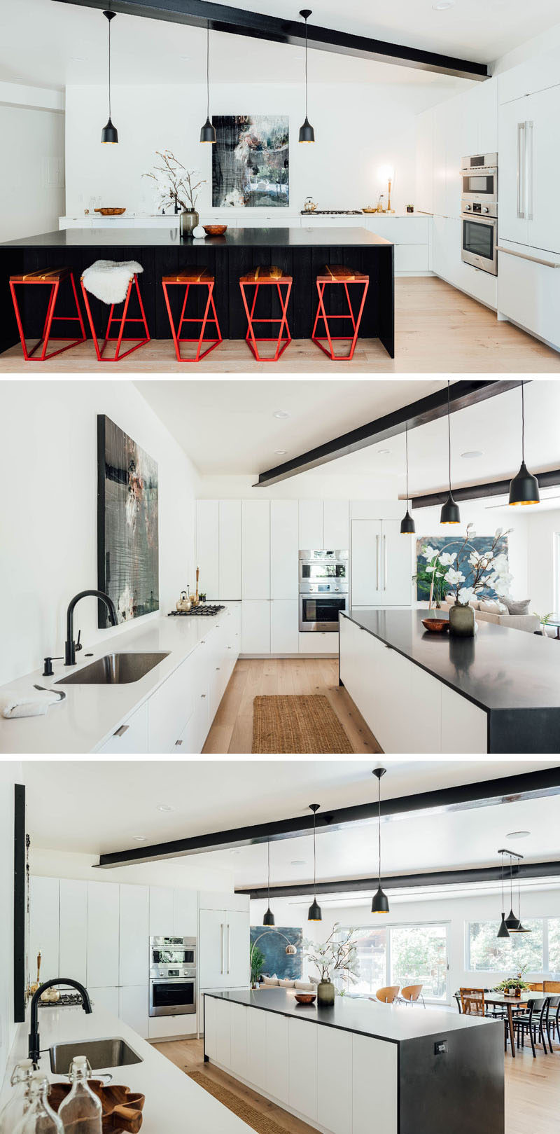 The dark kitchen island contrasts the minimalist white cabinets and complements the exposed steel beams, however from within the kitchen, the island cabinets are actually white to match the other surrounding cabinets. #KitchenDesign #ModernKitchen #WhiteKitchen