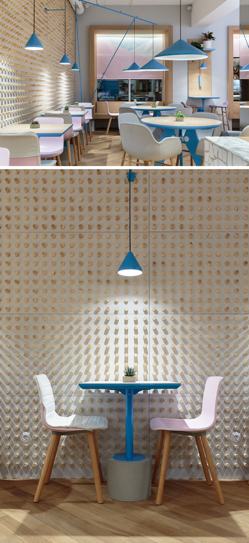 The interior walls of this modern cafe are covered in small dowels, and when combined with lighting, create interesting shadow patterns that highlight the tables. #AccentWall #FeatureWall #CafeDesign #Dowels #InteriorDesign