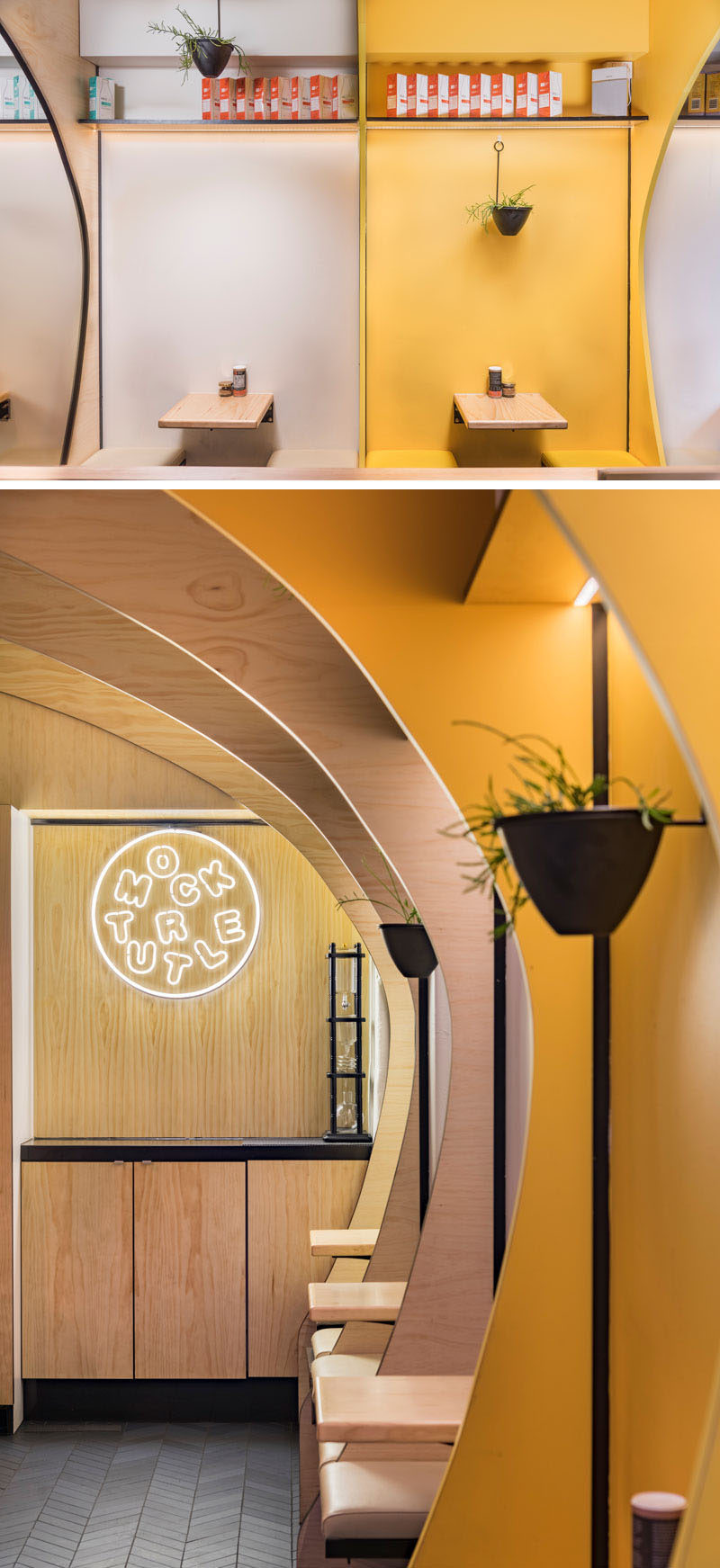 This modern cafe has signature colors of yellow and black that have been combined with wood and white to create a unique and fun interior, that brightens up the small space, and draws people inside. #CafeInterior #CafeDesign #InteriorDesign