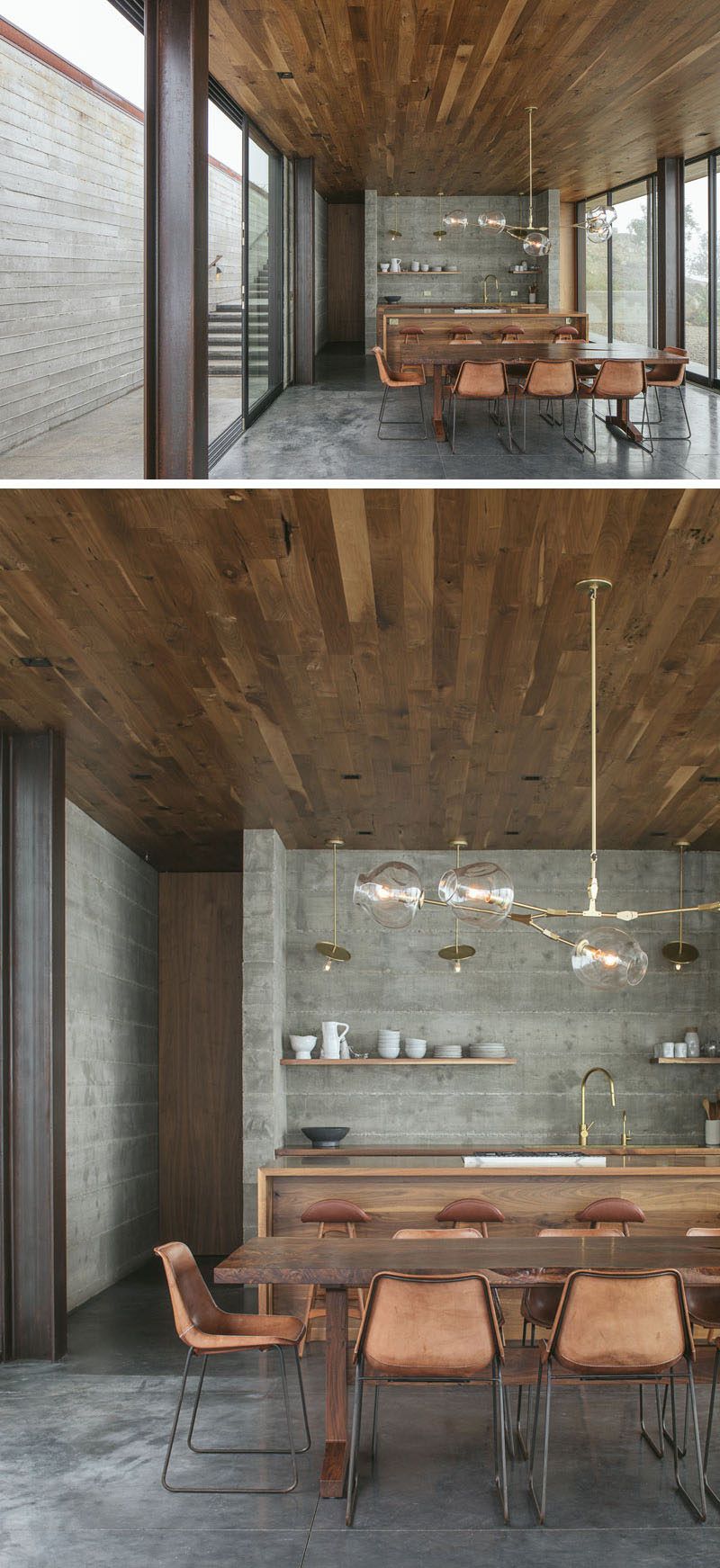 This modern guest house has a wood ceiling, concrete floors with heating, and rich walnut accents. #DiningRoom #Kitchen #Concrete #Walnut #InteriorDesign