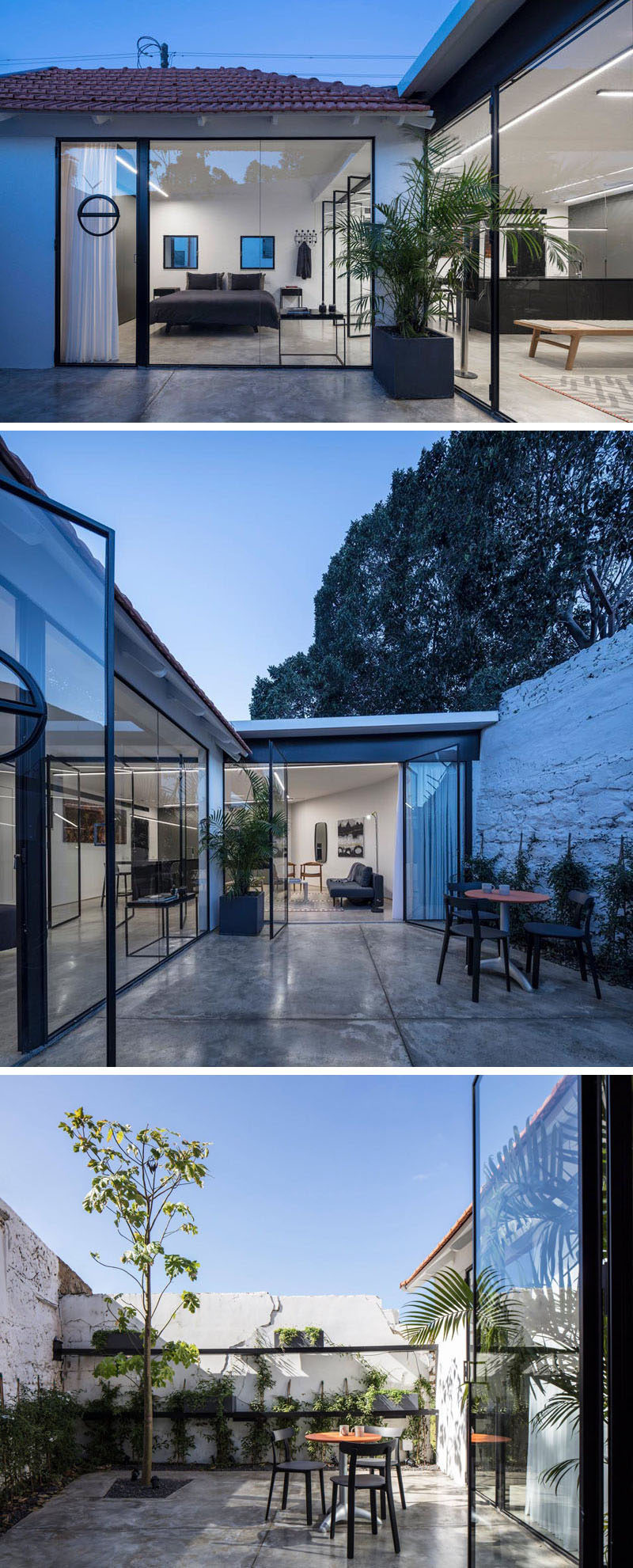 Glass pivoting doors open the modern interior of this small home to a private patio. #Patio #OutdoorSpace