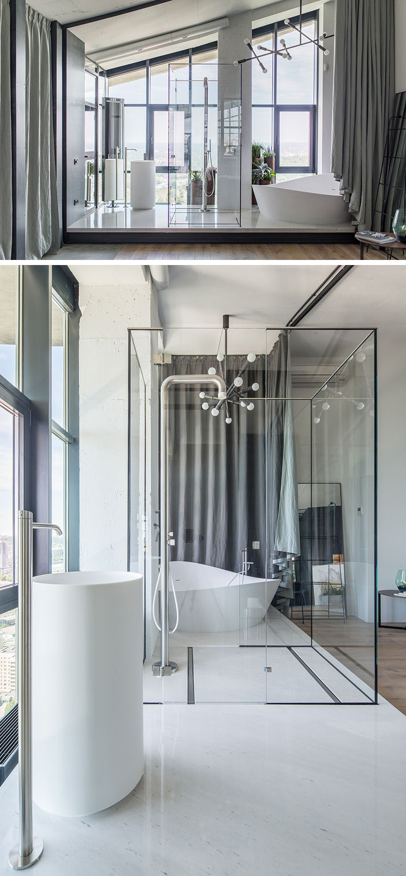 This modern ensuite bathroom, which is raised up onto a platform, makes the most of the view with floor to ceiling windows, and a glass shower surround. When some privacy is needed, there's also a curtain that can be pulled across. #EnsuiteBathroom #ModernBathroom #GlassShowerEnclosure