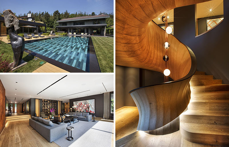 This modern house has a large swimming pool, a poolhouse, warm interior design, and a sculptural wood spiral staircase. #ModernHouse #ModernInteriorDesign #SpiralStairs