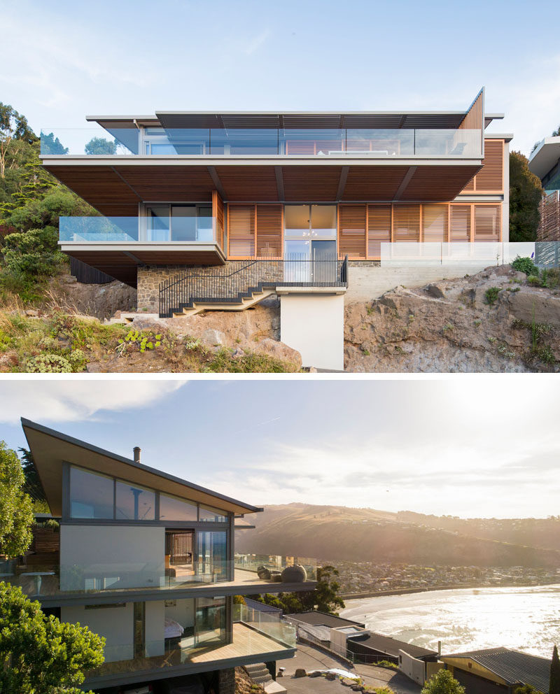 Borrmeister Architects have designed the Scarborough Home, a modern family home that's located on a steep hillside and has views of Sumner in New Zealand. #Architecture #ModernHouse #HouseDesign