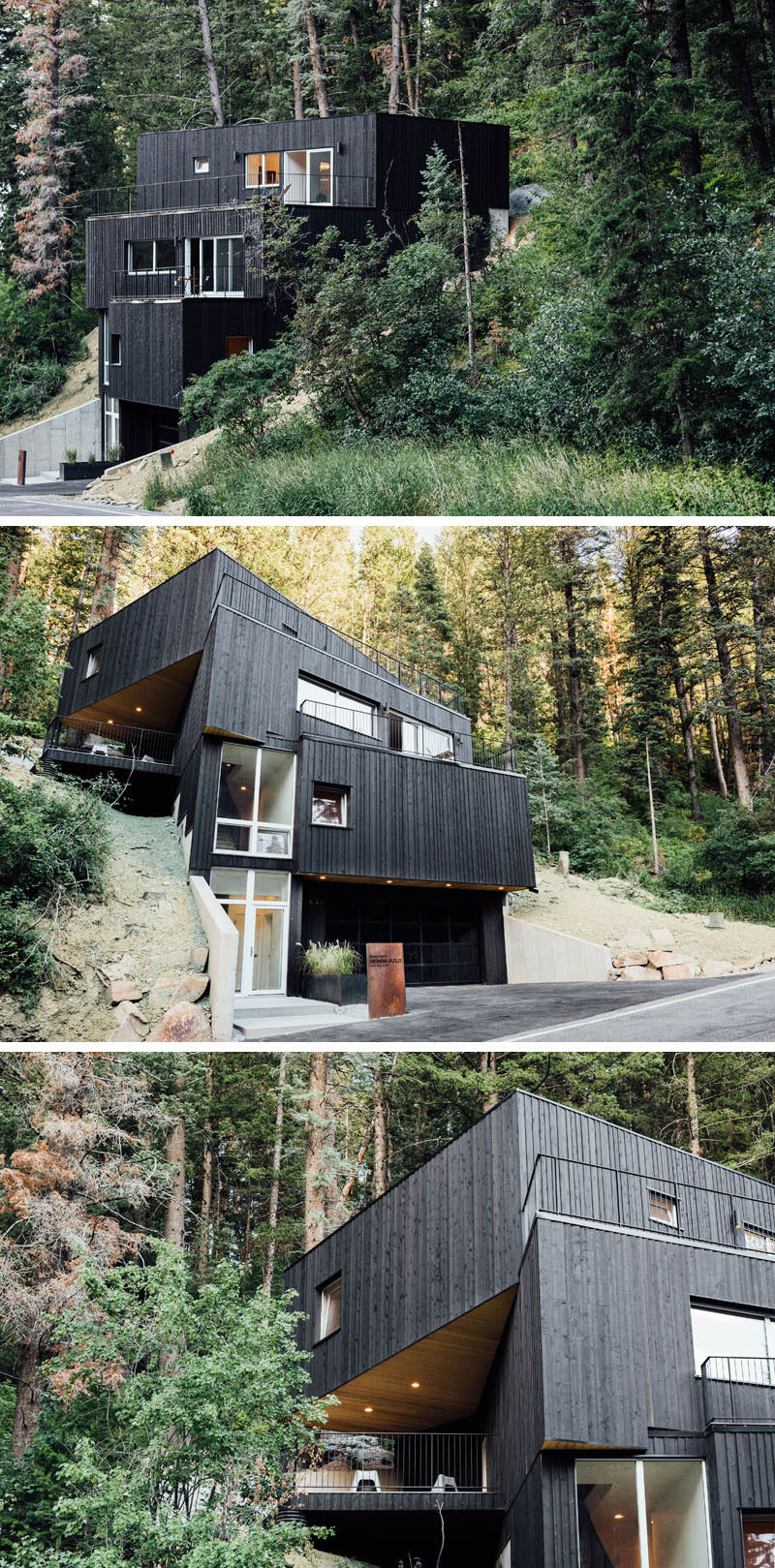 Chris Price of Park City Design Build, has recently completed the TreeHaus, a modern house in Summit Park, Utah, that sits on a steep and wooded site, and is clad in blackened cedar siding. #ModernHouse #BlackSiding #BlackHouse #WoodSiding #Architecture