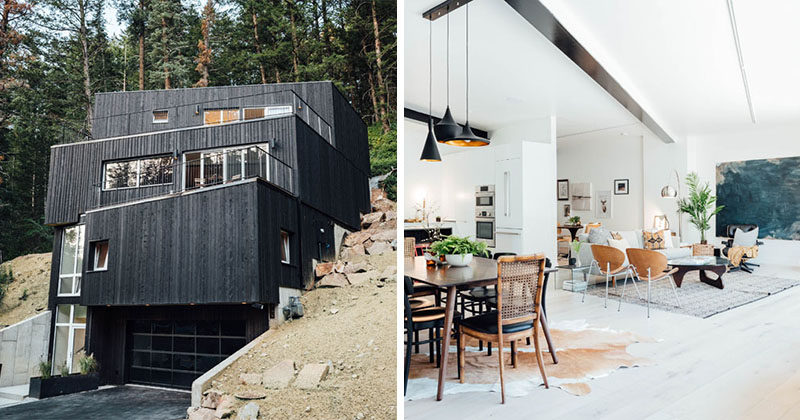 Park City Design Build have completed the TreeHaus, a modern house in Summit Park, Utah, that sits on a steep and wooded site, and is clad in blackened cedar siding. #ModernBlackHouse #ModernHouse #ModernArchitecture #ModernInteriorDesign