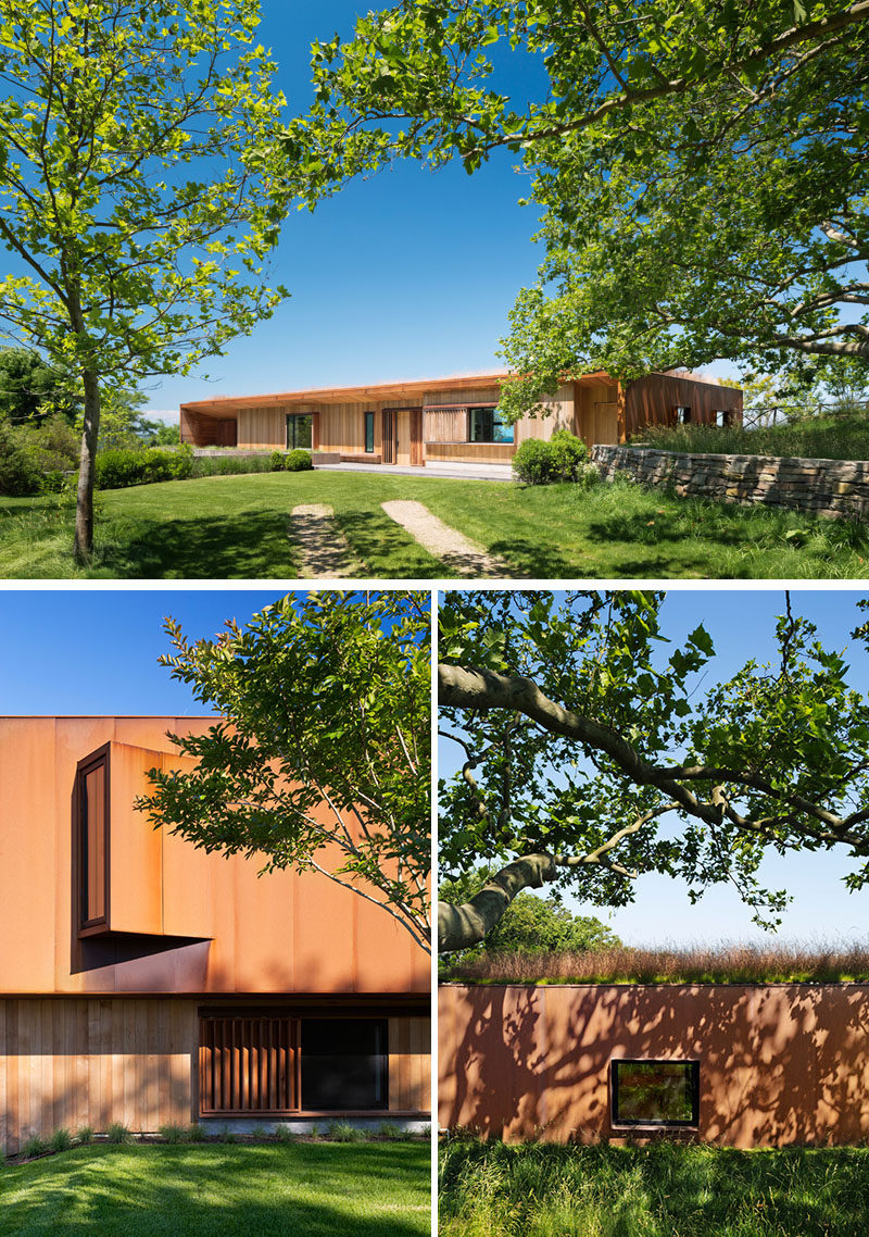 This modern house features a palette of concrete, cedar, reclaimed ipe wood, and Corten steel, that soften the overall appearance of the home. #ModernHouse #Architecture #HouseDesign