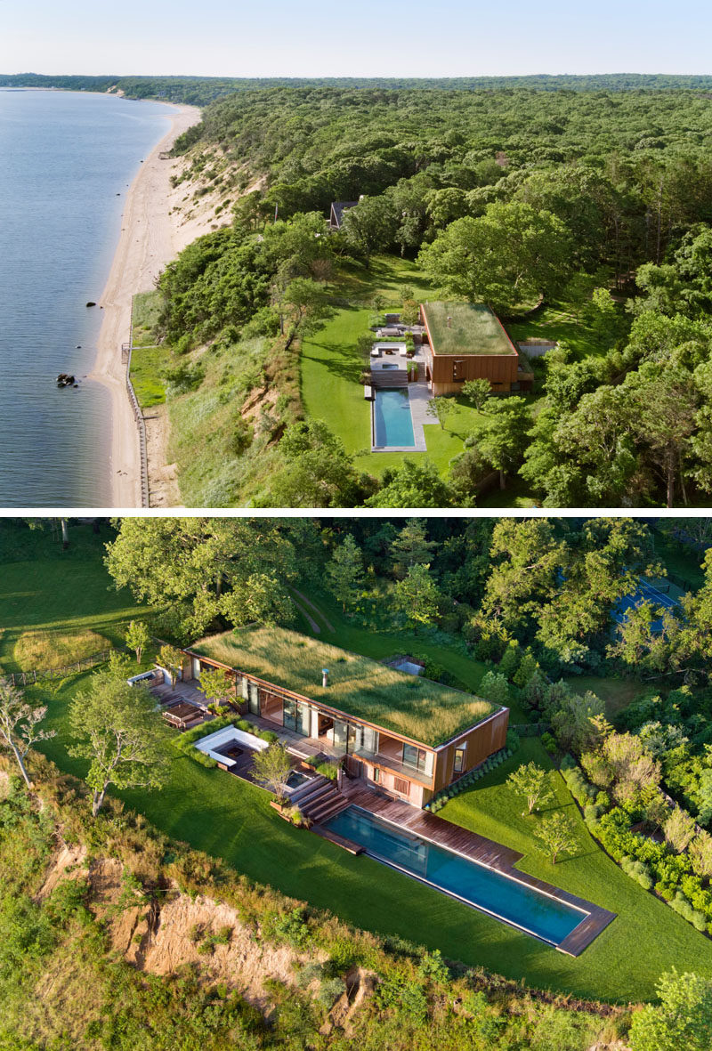 A green roof on this modern house has been planted with native meadow grasses to somewhat camouflage the house, and to minimize the project’s impact on the watershed. #GreenRoof #ModernHouse #SwimmingPool #Architecture