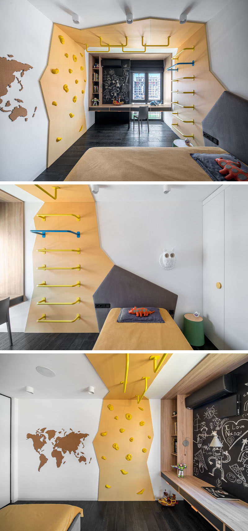 This modern kids bedroom has a custom climbing feature that wraps from one side of the room to the other, and separates the sleeping area from a desk by the window. #ModernKidsBedroom #ClimbingWall #KidsRoom #BedroomDesign