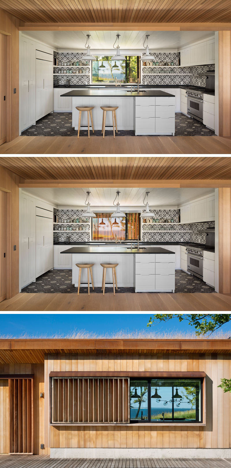 In this modern kitchen black and white patterned tiles line the wall and complement the white cabinets and black countertops. An exterior shutter can be closed across the window, hiding the kitchen from view from the front of the house. #Kitchen #BlackAndWhiteKitchen #Shutter