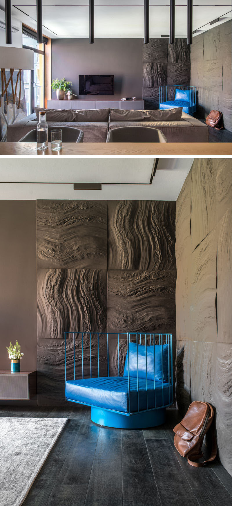 In this modern living room, decorative wall panels that imitate a massive rough stone have been added to create some natural texture in the space. #ModernLivingRoom #TexturedWall