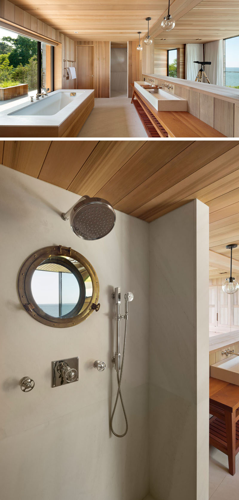 The vanity in this modern bathroom looks out towards the bedroom, while the bathtub looks out onto a small private deck. #ModernBathroom #BathroomDesign