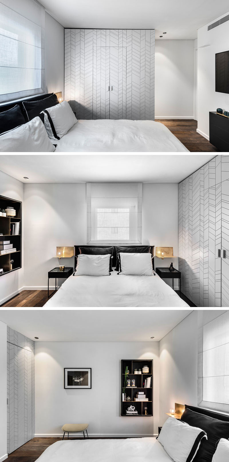 In this modern master bedroom, furnishings have been kept minimal. A walk-in closet is hidden within a decorative accent wall, while on the opposite wall, a bookshelf becomes a place to display personal items. A door off to the side of the bookshelf leads to the ensuite bathroom. #MasterBedroom #BedroomDesign