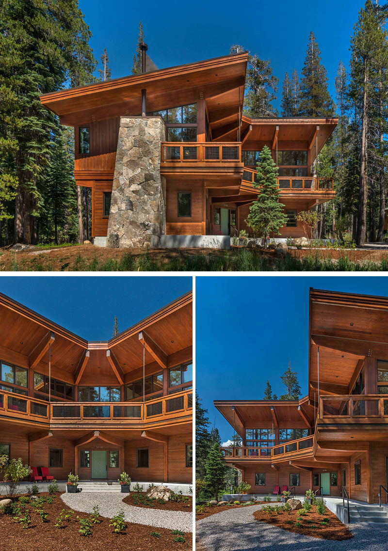 The design of this two-storey modern mountain house is organized as a horseshoe, allowing sunlight to fill the interiors, and providing panoramic views of the forest. #ModernHouse #Architecture #MountainHome #ModernCabin