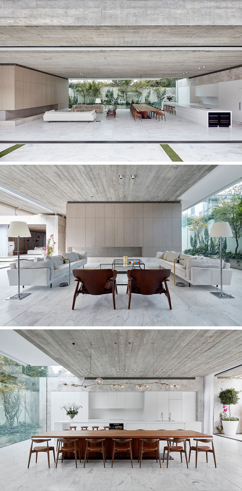 The main social areas of this modern house are open plan, with the living room, dining area, and kitchen all sharing the same space. There's glass wall on one side , and the opposite side can be open to the outdoors. #OpenPlanInterior #ModernInteriorDesign #LivingRoom #DiningRoom #Kitchen