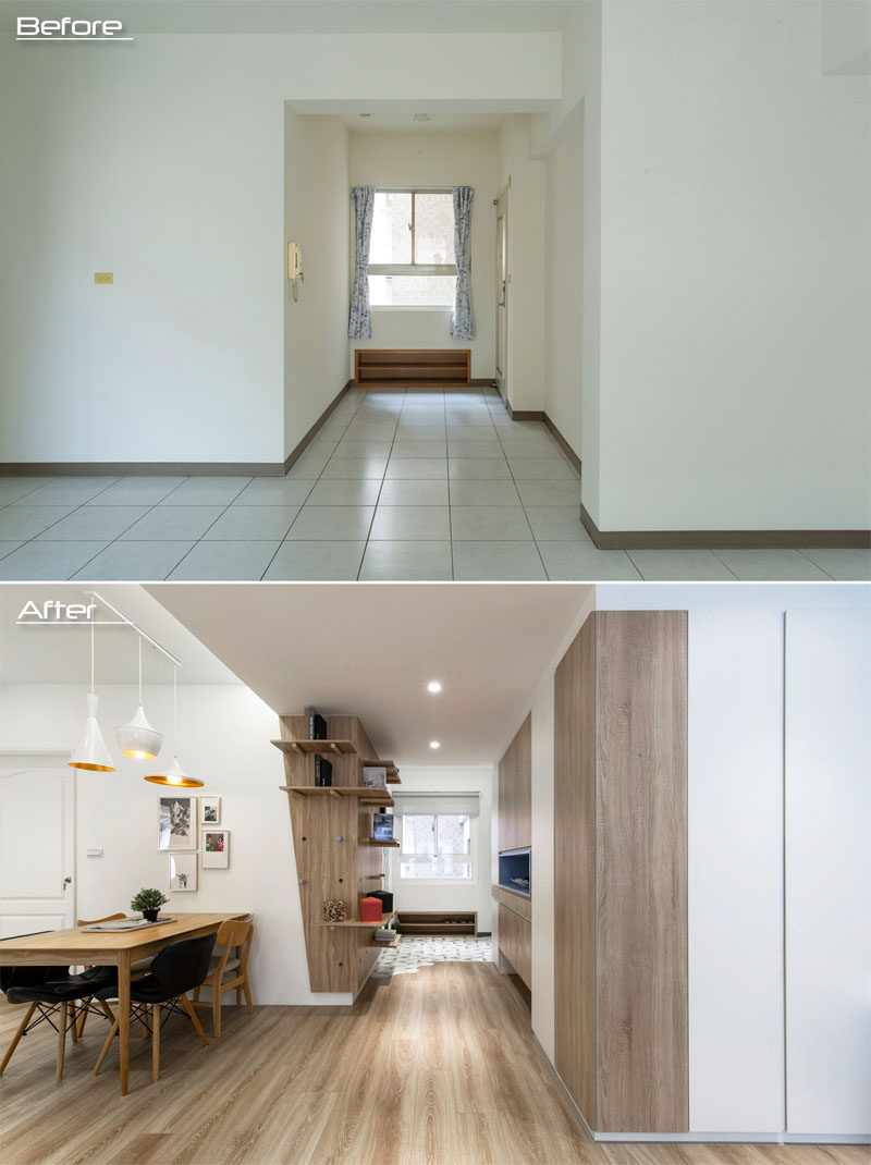 BEFORE & AFTER - In this entryway, a decorative tile accent has been installed, and a wall of changeable wood shelving has been added. #Renovation #Entryway #Shelving #InteriorDesign #ModernApartment