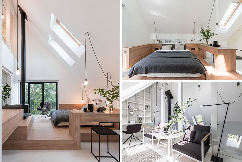 Architecture and interior design firm Ruetemple, have transformed the attic of a house in Moscow, Russia, and made it into a private and relaxing modern bedroom suite with a mezzanine home office. #Bedroom #Attic #HomeOffice #Fireplace #ModernBedroom