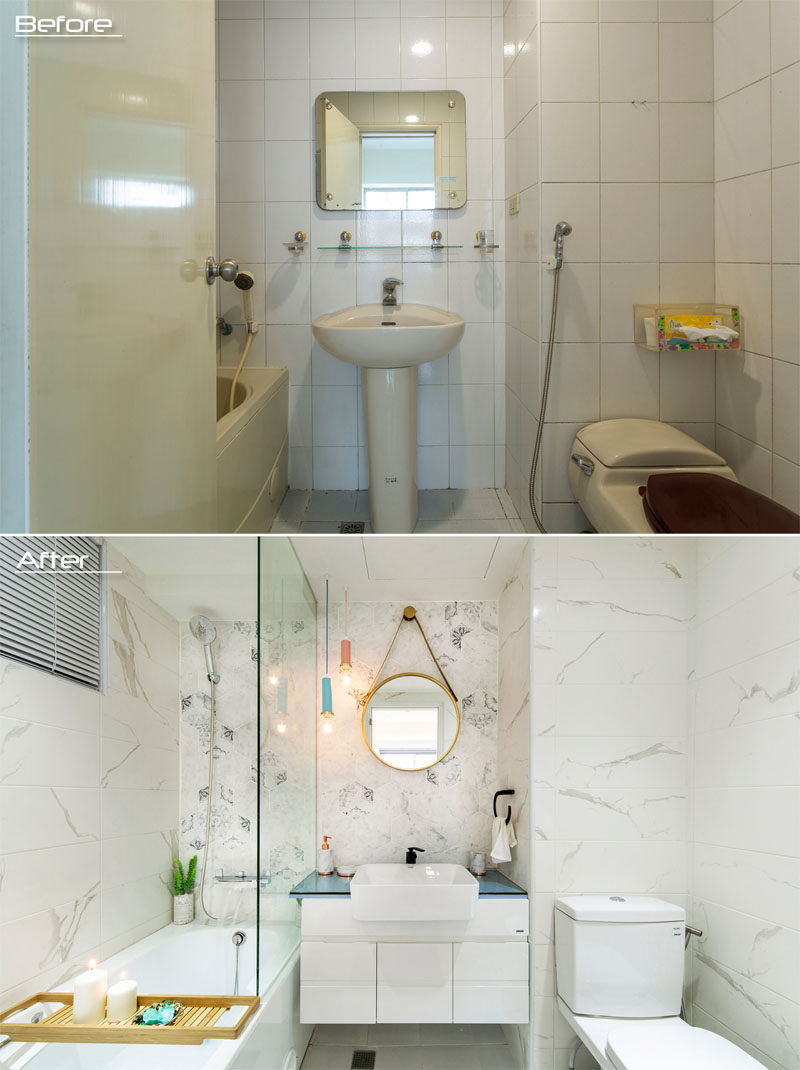 BEFORE & AFTER - In this ensuite bathroom, new tiles replaced the old, a pedestal sink and square mirror was replaced with a vanity that has storage and a round hanging mirror. A partial glass screen was also added to separate the bath/shower from vanity, keeping the rest of the bathroom dry. #ModernBathroom #BathroomRenovation