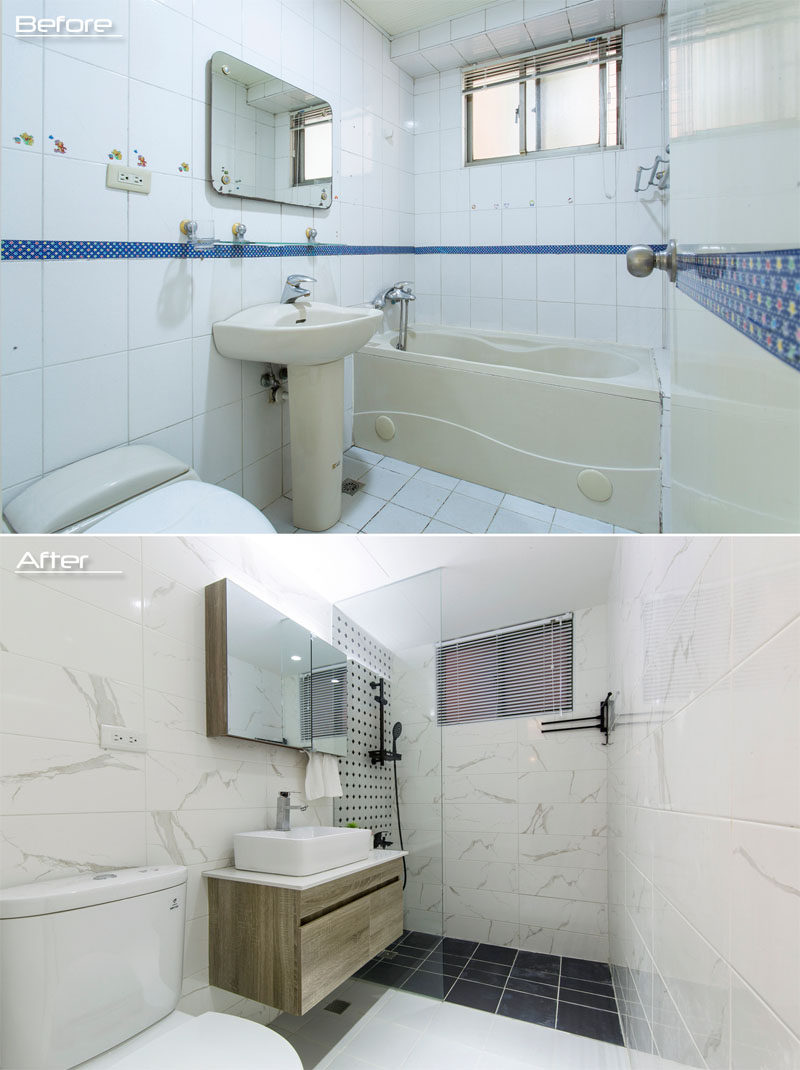 BEFORE & AFTER - In a guest bathroom, a built-in bathtub has been removed and replaced by a large walk-in shower with dark tiles on the floor and decorative black and white tiles on the wall. A new washbasin now rests on a walnut cabinet, and marble tiles cover the walls. #BathroomRenovation #BathroomDesign #ModernBathroom