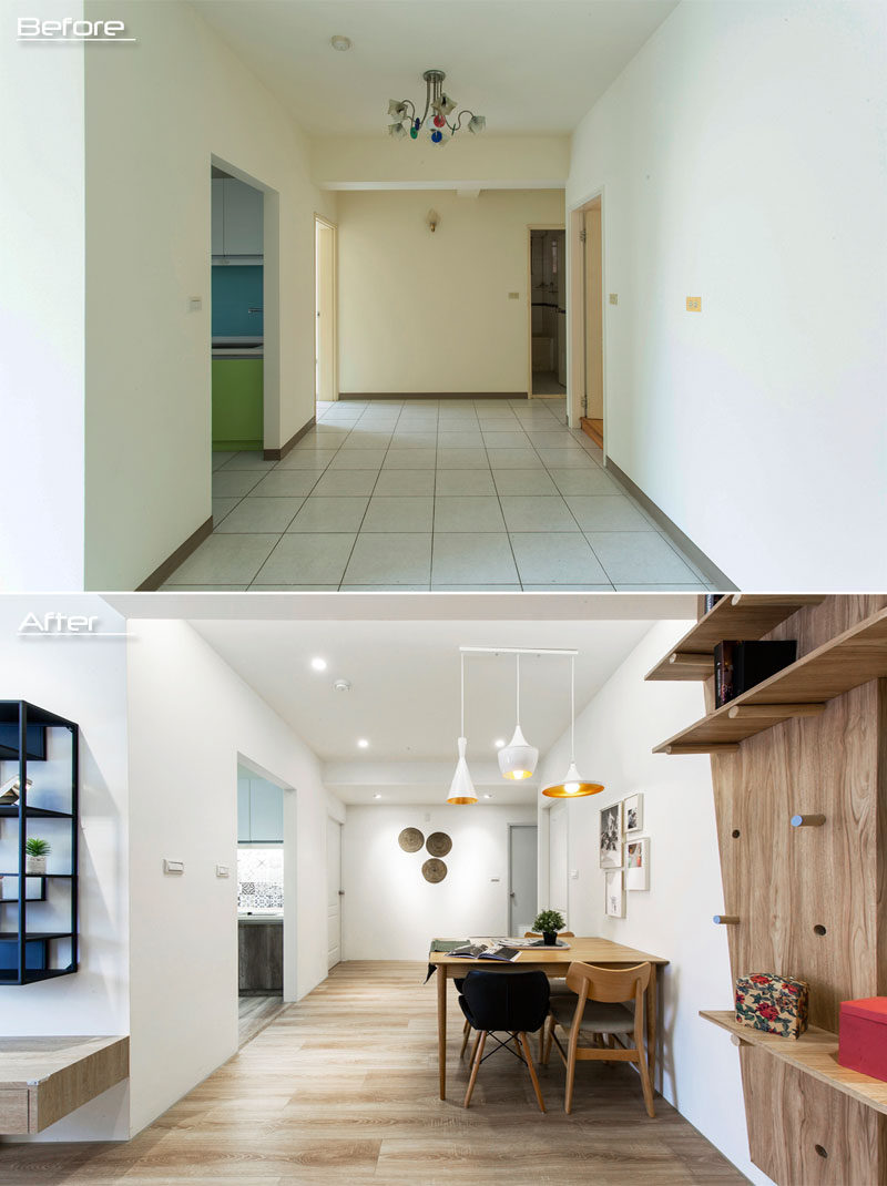 BEFORE & AFTER - In the wide hallway connecting the living room with the other areas of this apartment, the designers relocated the lighting and created a designated space for a small four-person dining table. #Renovation #InteriorDesign #DiningRoom