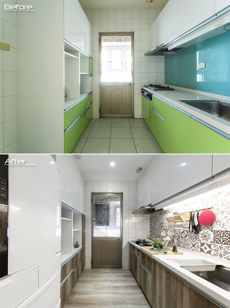 BEFORE & AFTER - This 1980s kitchen has had the lime green sections of the cabinets replaced with wood fronts, and the blue glass backsplash has been replaced with decorative tiles. #KitchenRenovation #KitchenUpdate #ModernKitchen