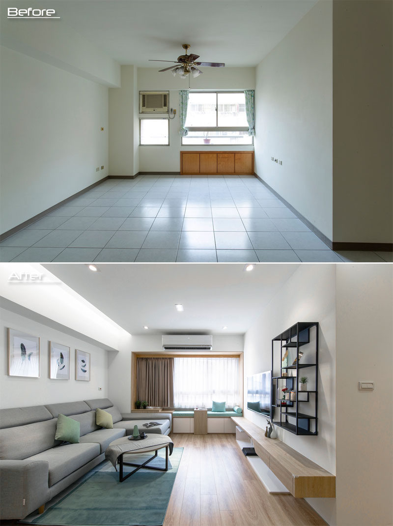 BEFORE & AFTER - The original white tile flooring featured throughout this apartment has been replaced with hardwood flooring, adding a sense of warmth and comfort to the interior. #Renovation #Flooring #ModernInterior