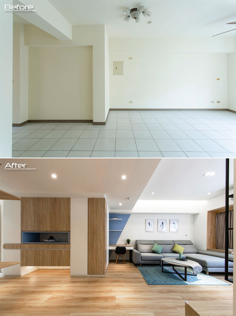 BEFORE & AFTER - What was once a plain and empty alcove has been transformed into useful space that now houses cabinetry and an open display shelf. #Renovation #LivingRoom #ModernLivingRoom