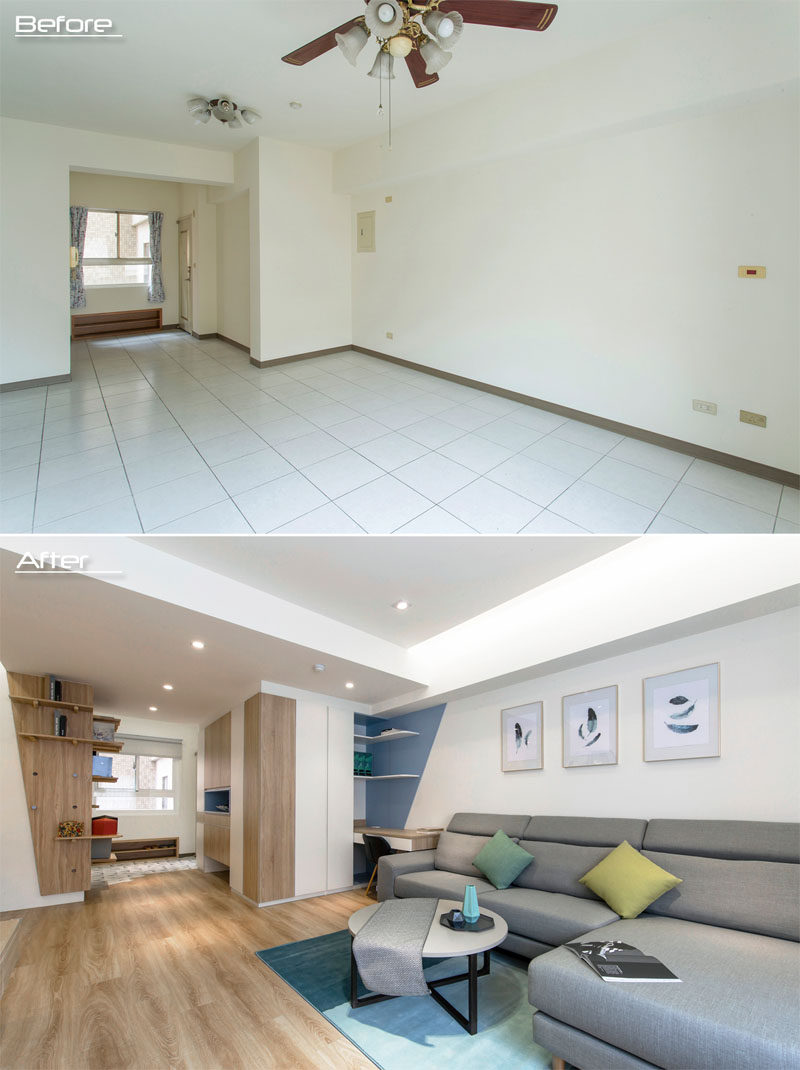 BEFORE & AFTER - At the end of the couch, a custom shelving nook and desk have been added. The wall has been painted to highlight the design element, and hidden lighting in the ceiling creates an ambient light above the couch. #LivingRoom #Renovation #InteriorDesign