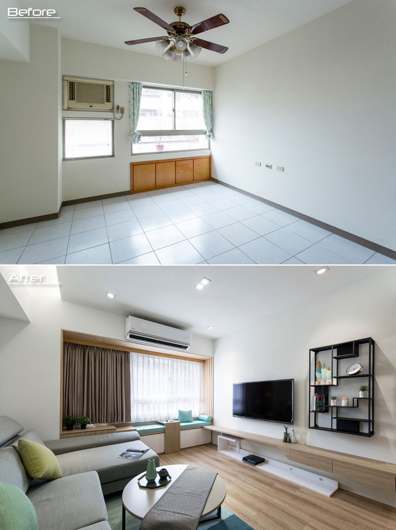 BEFORE & AFTER - By the living room window, a new window seat with storage was added, while opposite the couch, a new wood shelf with drawers and a black shelving unit have been added. #LivingRoom #Renovation #WindowSeat #ModernInterior