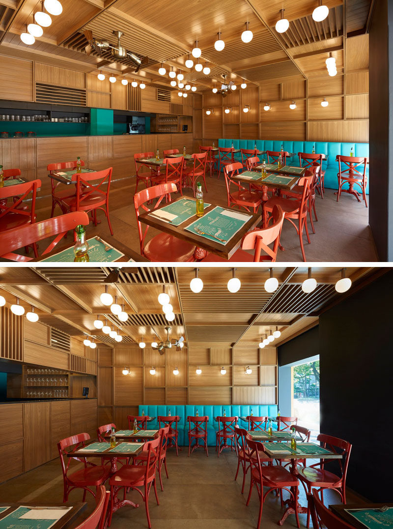 Inside this modern restaurant, the walls are covered in 'wooden boxes', each with different sizes and permeability, creating a reference to traditional public markets. #RestaurantDesign #ModernRestaurant