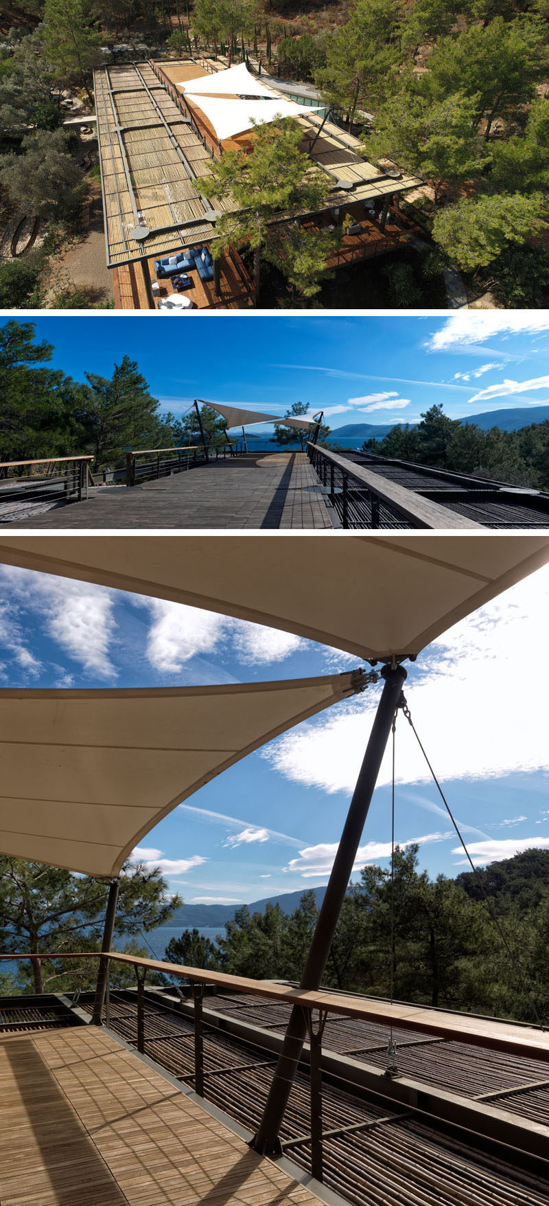 On the roof of this modern clubhouse, there's a large open space with shade sails at one end, creating a elevated tree-top view. #ModernClubHouse #Rooftop #ShadeSails