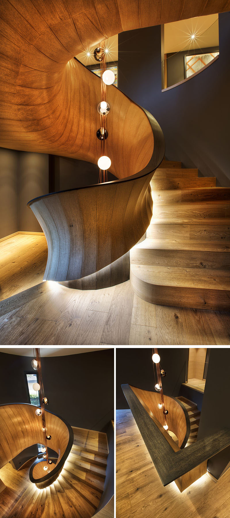 A sculptural oak staircase has been created to link the three levels of this modern house. The wood stairs have a natural oiled finish, which adds warmth to the interior, while the handrail has been varnished in black. #ModernStairs #SculpturalStairs #SpiralStaircase #ModernWoodStairs