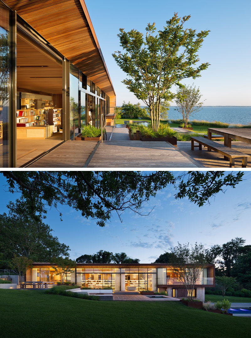 This modern house has a 200-foot terrace that steps down the hillock in parallel to the residence, and it has an outdoor kitchen and dining level, a sun deck with a built-in lounge, and a 75-foot infinity-edge lap pool that extends to the west. #Terrace #Landscaping #ModernDeck #Deck