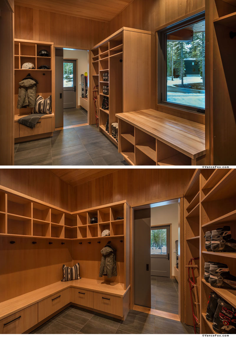 As this modern mountain home is in a winter/summer resort area, the home has a ski room and a storage space for mountain bikes. #StorageRoom #WetRoom #MudRoom