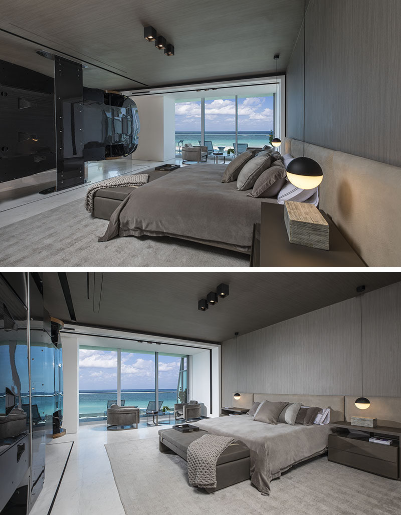 This modern oceanfront condo in Miami has a Pagani Zonda R racing car installed as part of the decor, that serves as a high-impact partition between the living room and master suite. #RacingCar #RoomDivider #ModernInterior