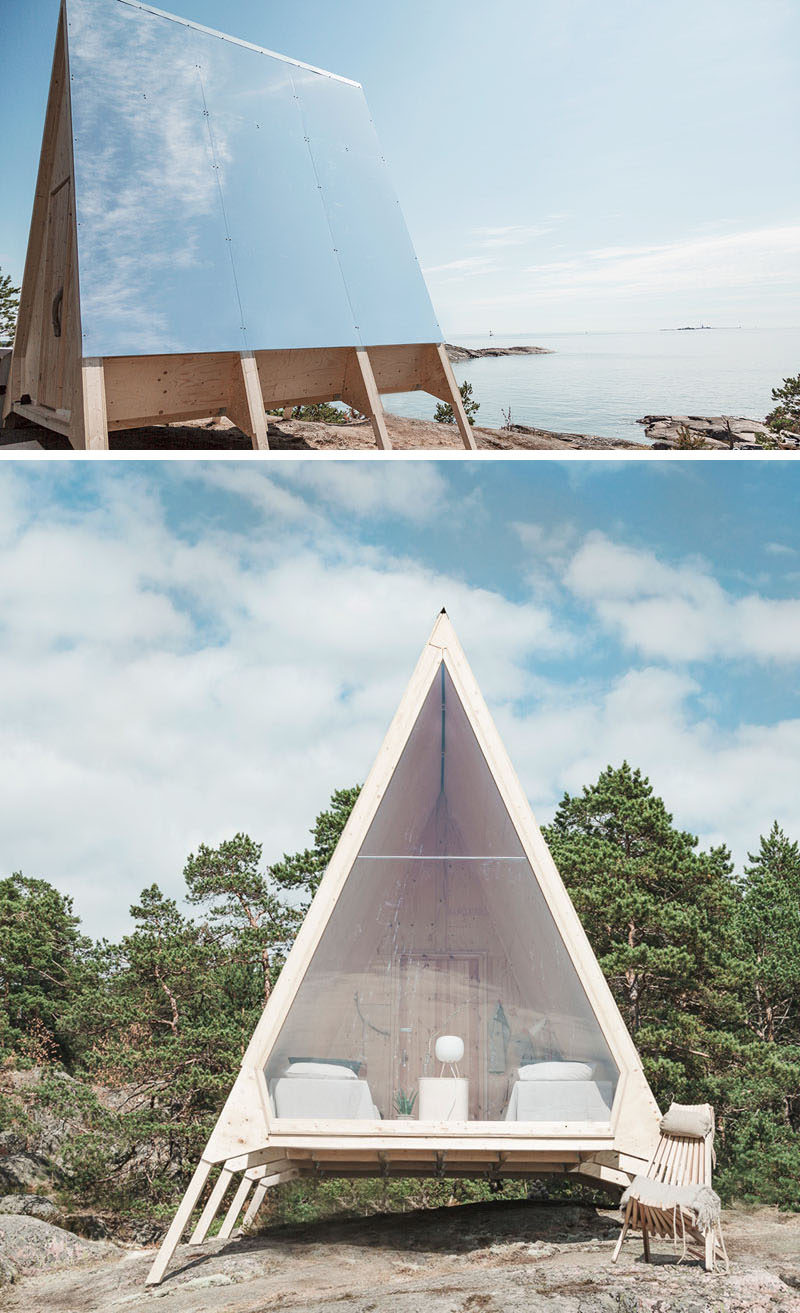 Robin Falck has designed a modern wood and mirrored cabin, that's located in the Finnish archipelago, on the Vallisaari island. #Cabin #ModernCabin #Design #Architecture