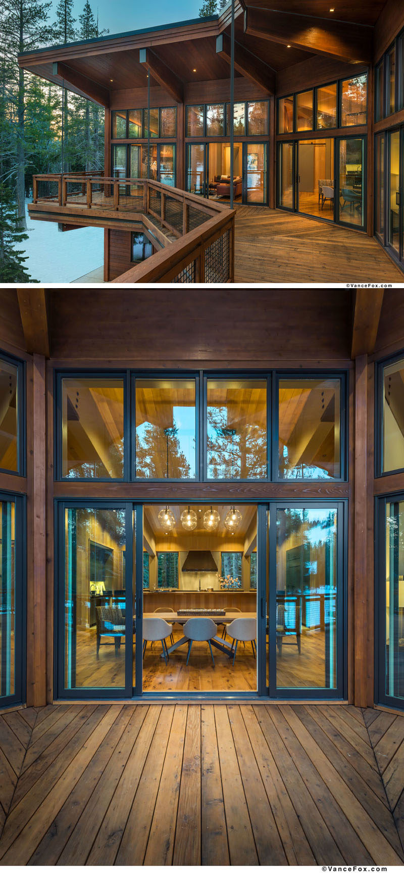 This modern mountain house has an outdoor deck running the length of the living and dining areas. #Balcony #MountainHome #Deck