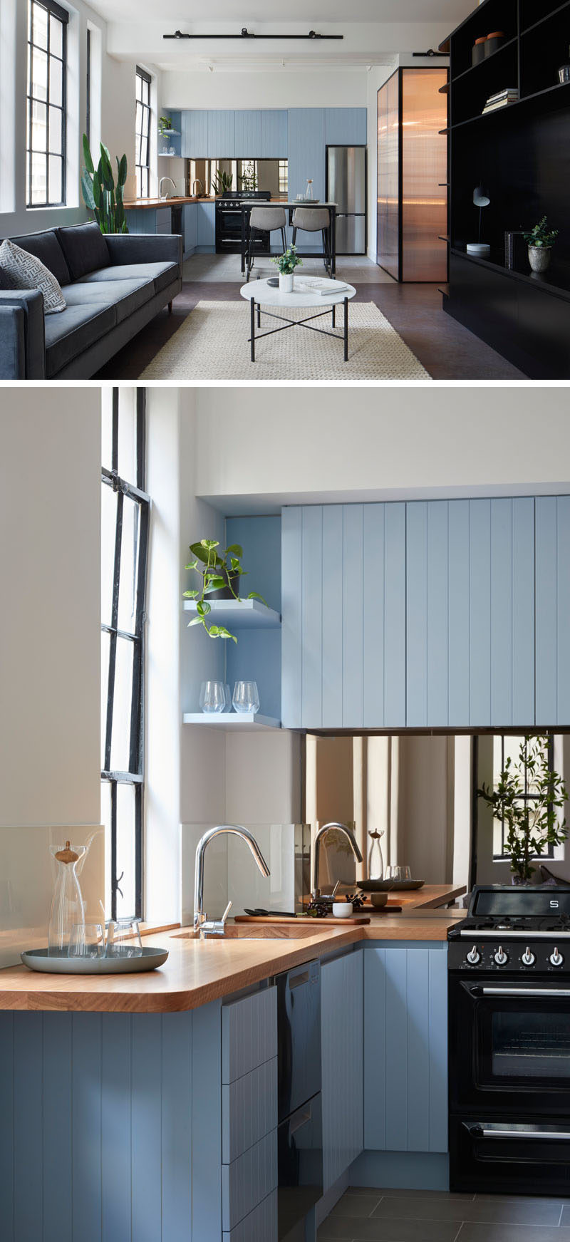 This modern kitchen features chalky blue cabinets and a bronzed mirror backsplash provide a sophisticated yet playful vibe. #ModernKitchen #LightBlueKitchen #KitchenDesign #MirroredBacksplash