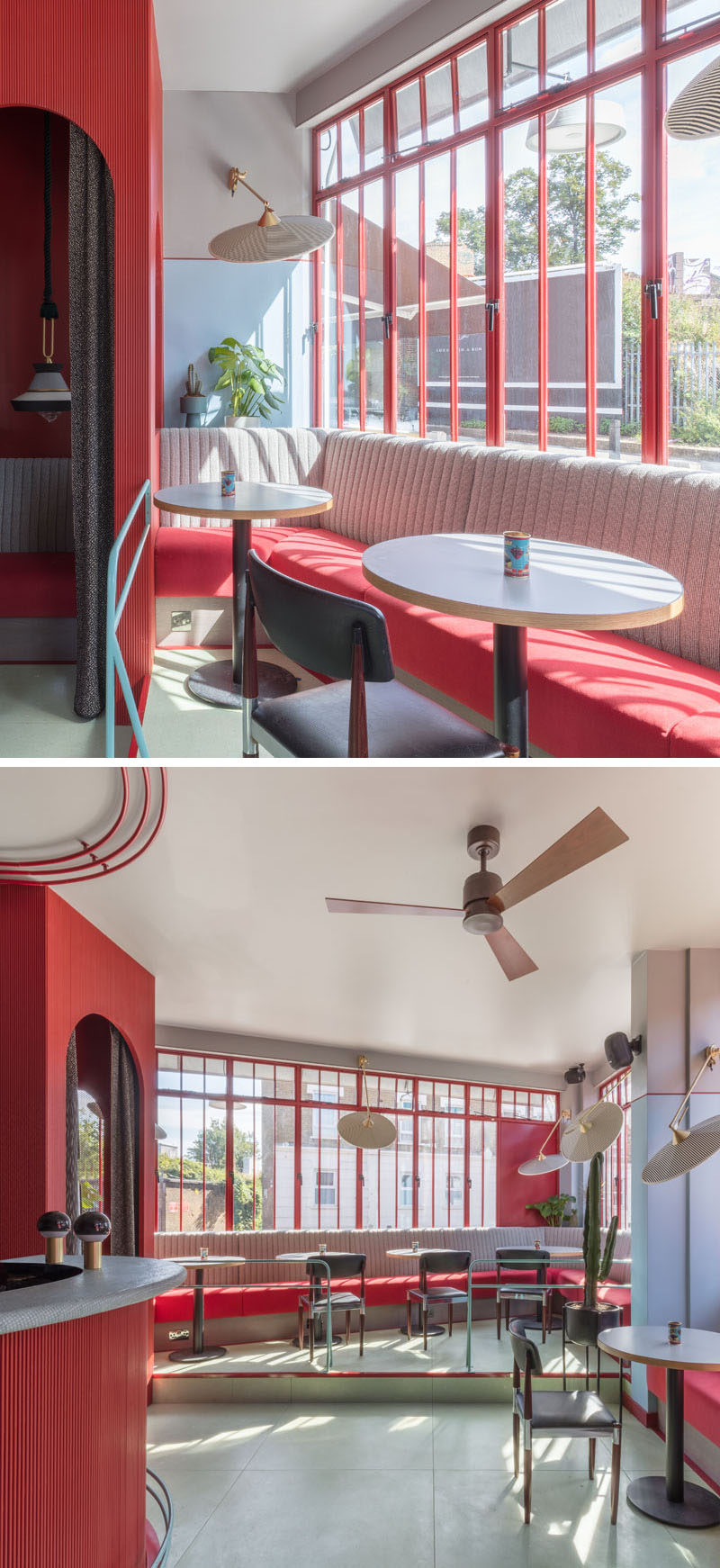 In this restaurant, built-in banquette seating lines the wall along the windows, while bold pops of color complement the red window frames. #BanquetteSeating #Windows #RestaurantDesign