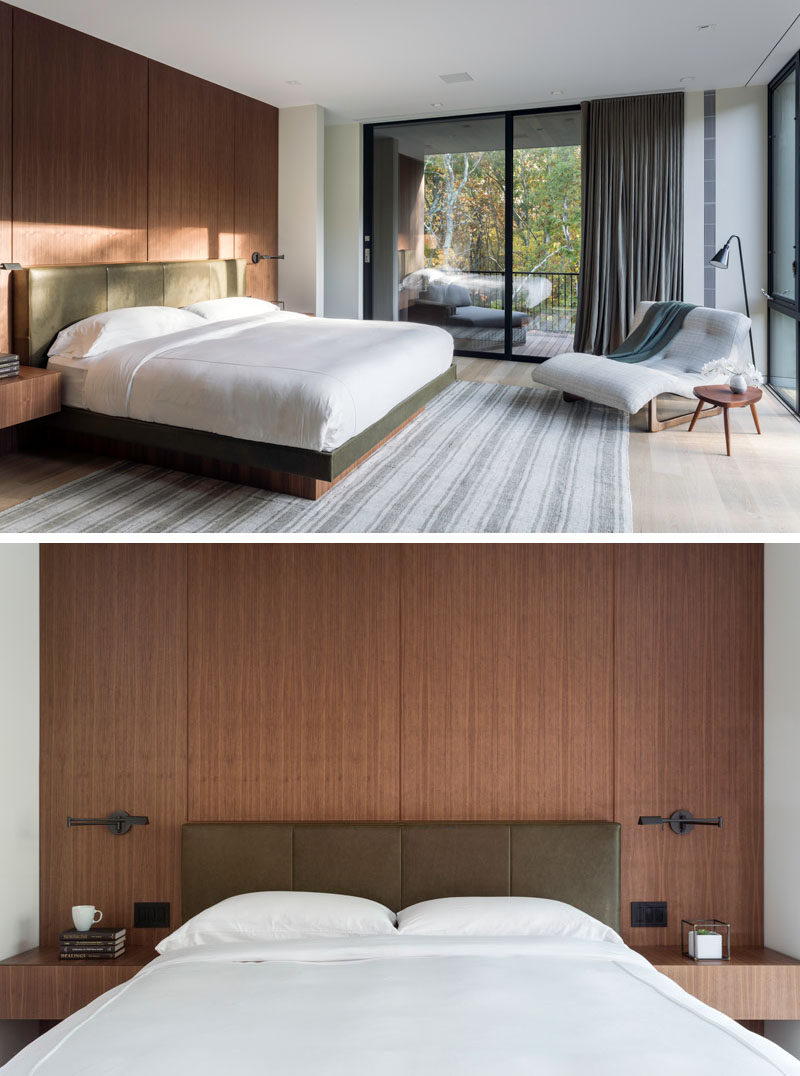 In this modern master bedroom, a wood accent wall becomes the backdrop for the bed, while a sliding glass door opens to a private balcony. #MasterBedroom #BedroomDesign