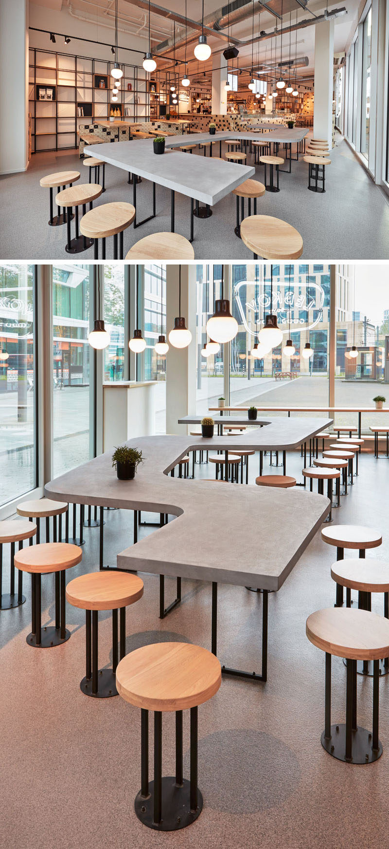 This modern cafe features a a snake-like, concrete shared table along the facade. #CafeDesign #TableDesign #CafeTable #CoffeeShop #CommunalTable