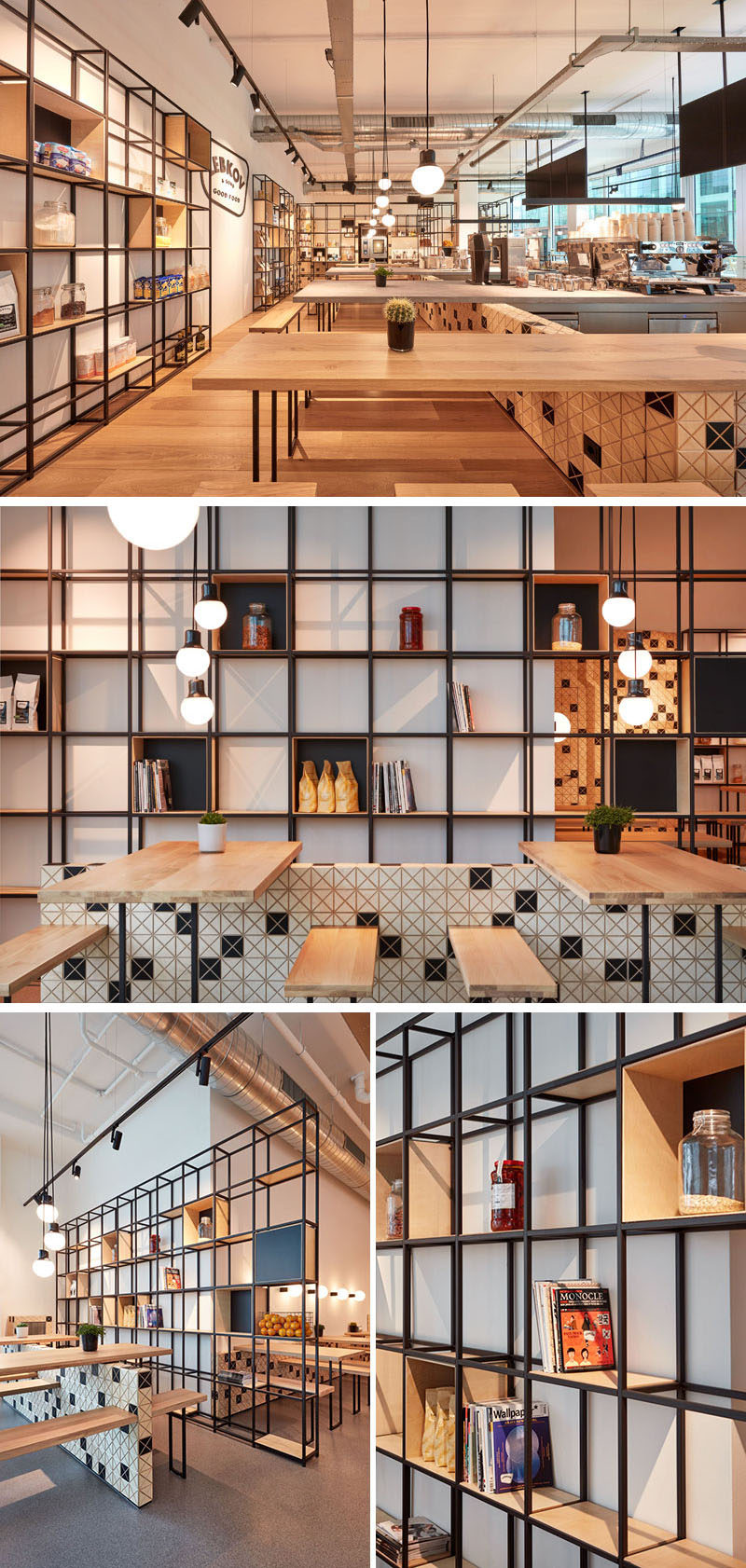 This modern cafe has open storage made from a modular steel structure, where fresh products and coffee beans are displayed. #Cafe #CoffeeShop #OpenShelving #ShevingDesign #SteelShelving