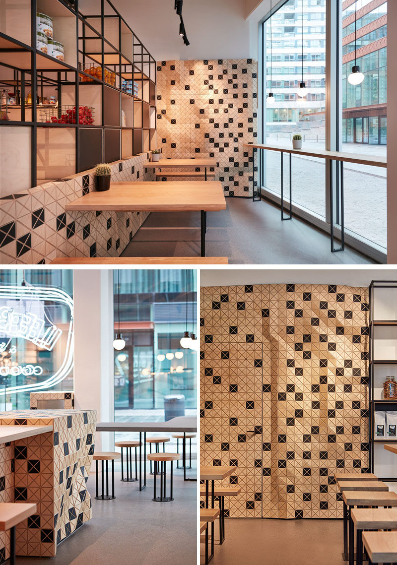 Wood-skin has also been applied throughout this coffee shop, creating visual interest that can be seen by people walking past. #WoodSkin #CafeDesign #CoffeeShop #AccentWall