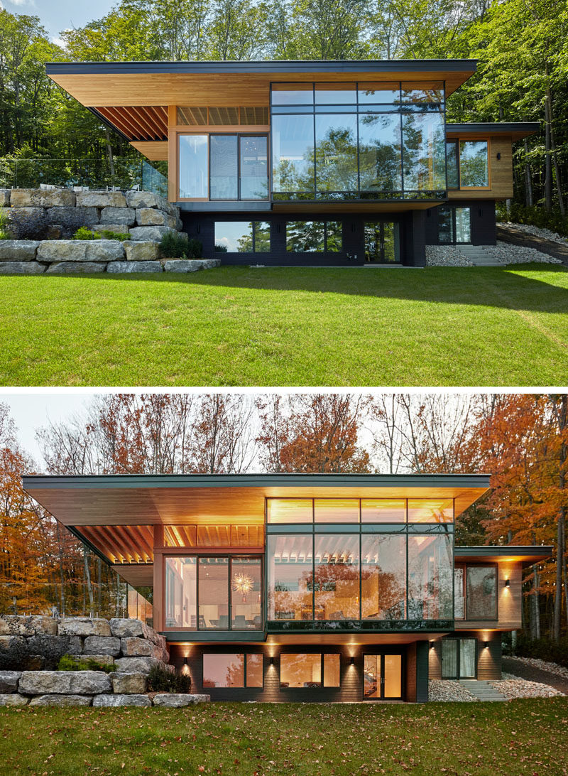 The strongest feature of this modern cottage is the cantilevered roof sheltering the area between the living space and the outdoor terrace. #ModernCottage #CantileveredRoof #Windows