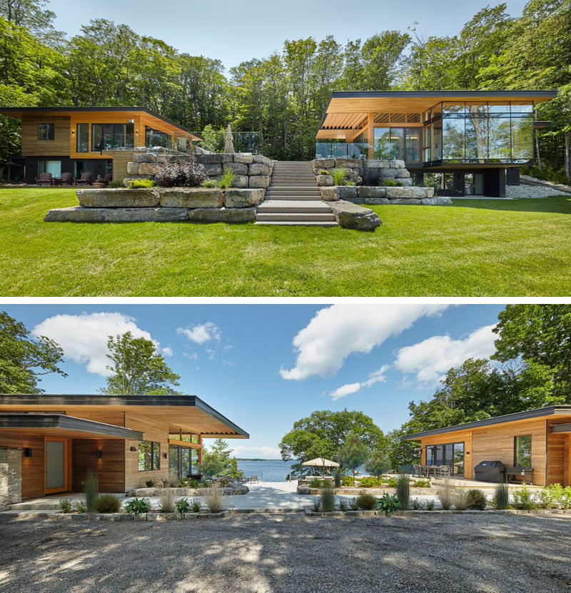 A new modern cottage with a cantilevered roof, and a landscaped section with lounge areas, were added to an existing smaller cottage. #ModernArchitecture #Landscaping #ModernCottage